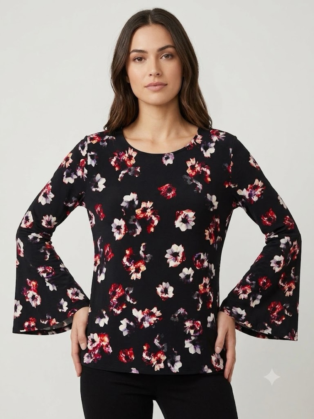 Ellen Tracy Floral Bell Sleeve Top with Tie Back Boho Flowers Classic Small